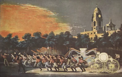 Das Leben eines Feuerwehrmanns - Das Rennen, veröffentlicht 1854, Currier & Ives